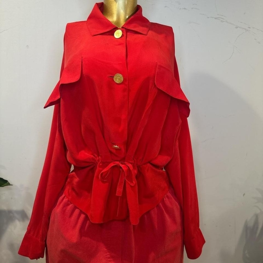 Vintage 90s Red silk blouse with gold buttons and tie waist LARGE